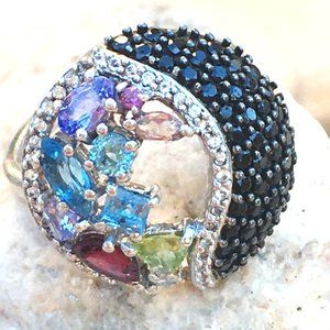 Genuine Gemstone Cocktail Ring 925 Silver Multigem
